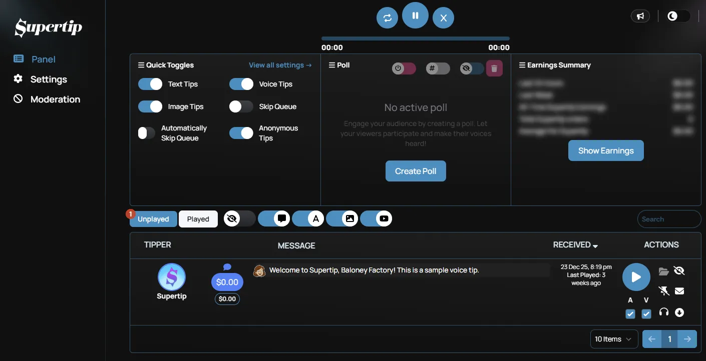 The Creator Dashboard Panel screen