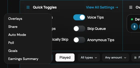 The section selection drop-down menu on the Panel screen