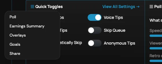 The section selection drop-down menu on the Panel screen