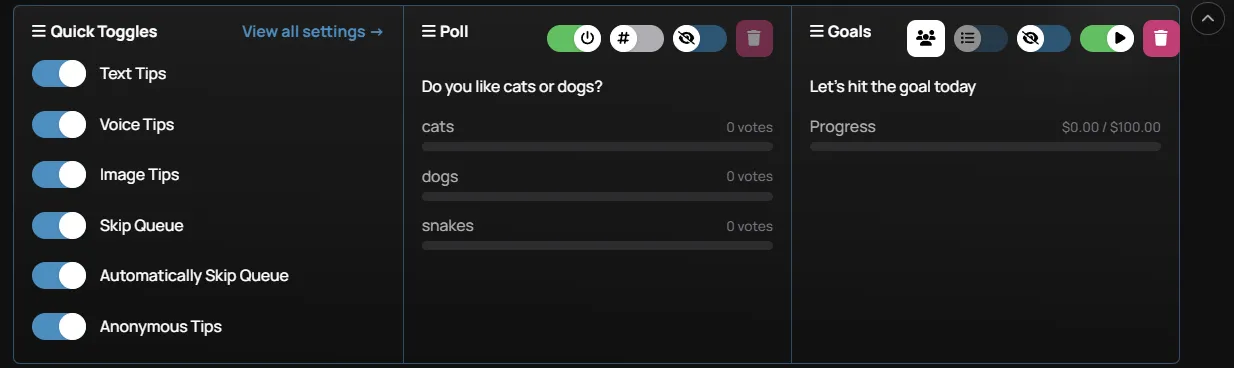 The Creator Dashboard Panel with section menu options next to each title
