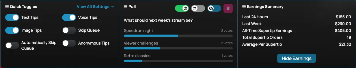 The Creator Dashboard Panel with section menu options next to each title