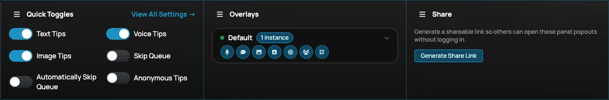The Creator Dashboard Panel with section menu options next to each title
