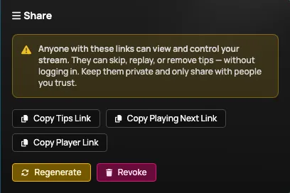 The Share section of the Panel with copy, regenerate, and revoke controls