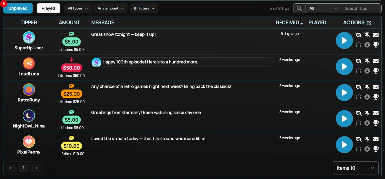 A goal progress bar and tip queue shown in the Creator Dashboard Panel