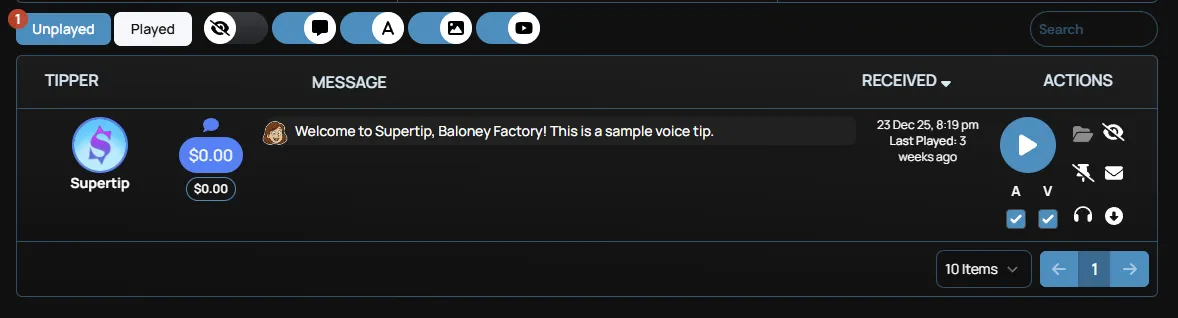 A goal progress bar and tip queue shown in the Creator Dashboard Panel