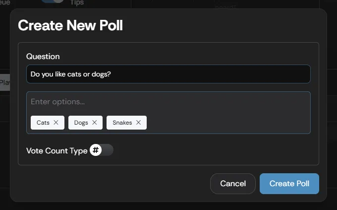 The Create Poll dialog showing the Question field and the Enter options input
