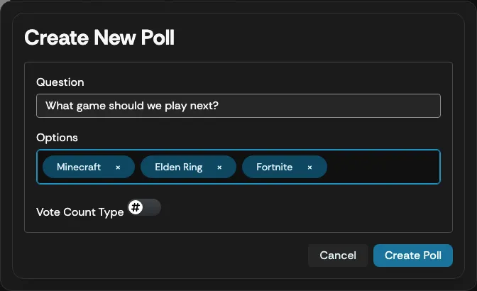 The Create Poll dialog showing the Question field and the Enter options input