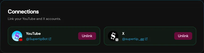 The Connections section of My Supertip with linked YouTube and X accounts
