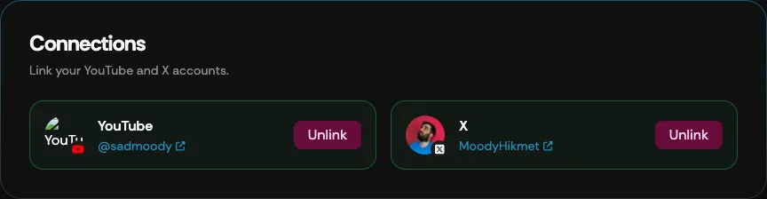 The Connections section of My Supertip with linked YouTube and X accounts