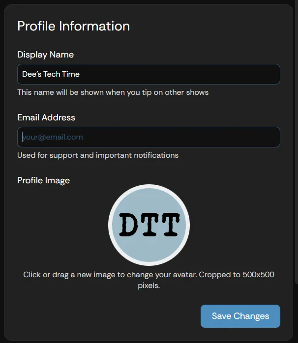 The My Supertip profile information settings with Display Name, Email Address, and Profile Image fields
