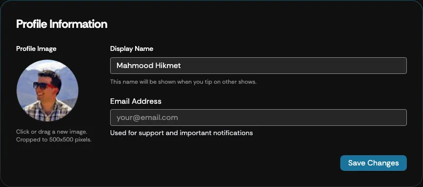 The My Supertip profile information settings with Display Name, Email Address, and Profile Image fields