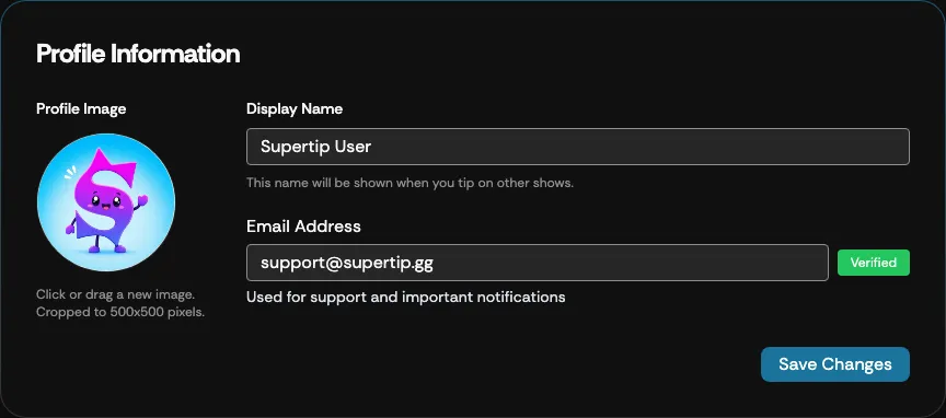 The My Supertip profile information settings with Display Name, Email Address, and Profile Image fields