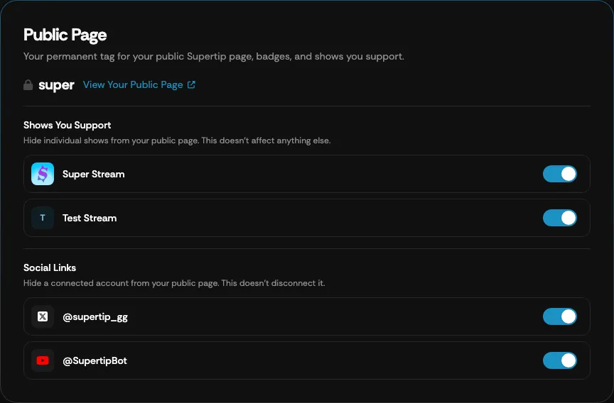 The Public Page card on the My Supertip screen