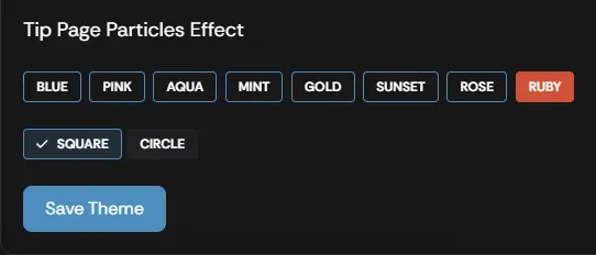 The Tip Page Particles Effect color and shape options