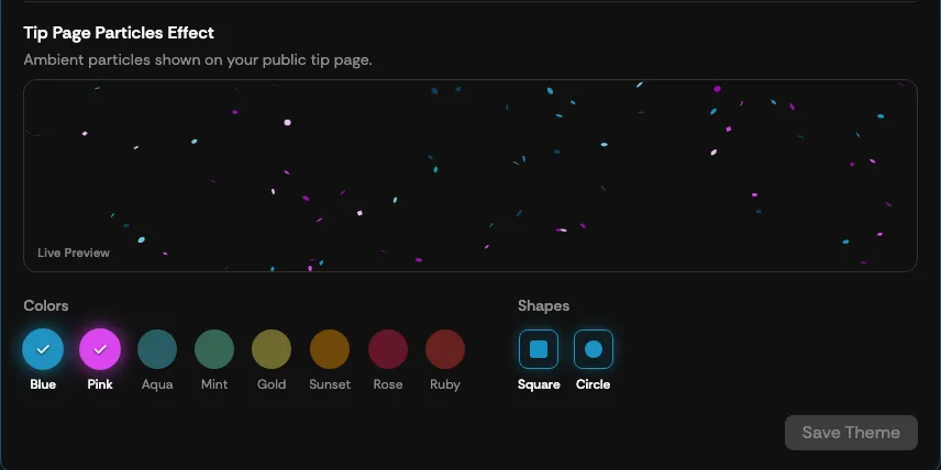 The Tip Page Particles Effect color and shape options