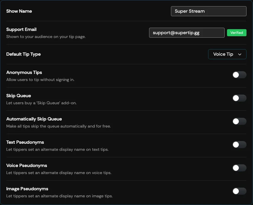The Show Settings screen in the Supertip Creator Dashboard