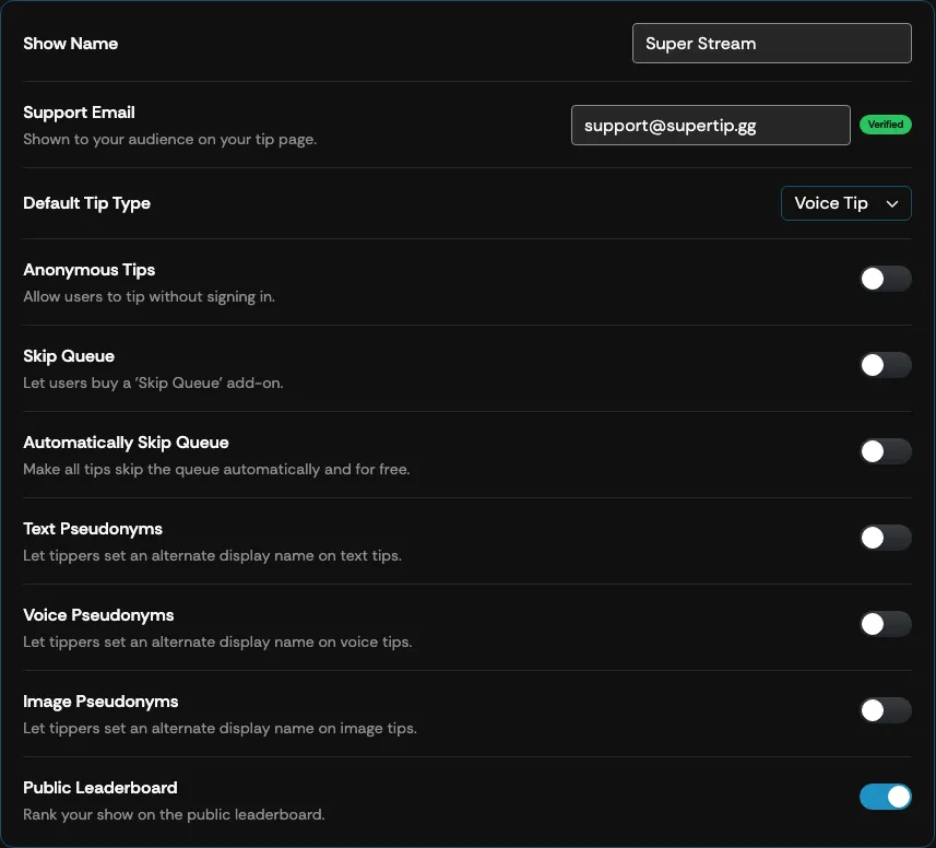 The Show Settings screen in the Supertip Creator Dashboard