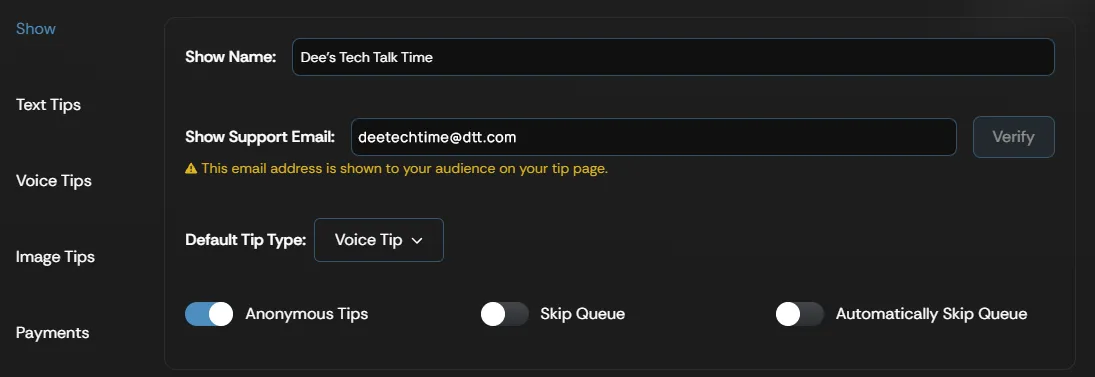 The Show Settings screen in the Supertip Creator Dashboard