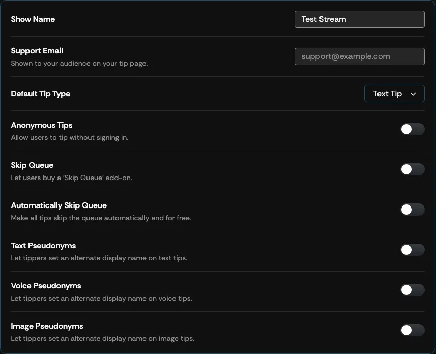 The Show Settings screen in the Supertip Creator Dashboard