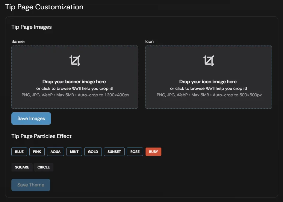 The Tip Page Customization settings in Show Settings
