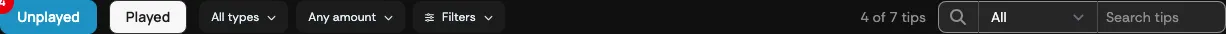 The tip queue filter bar with type, amount, and filter controls