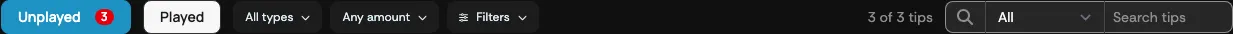 The tip queue filter bar with type, amount, and filter controls