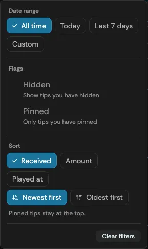 The Filters popover with date range, flags, and sort options