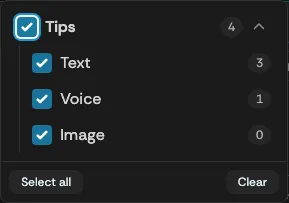 The Types menu showing tip types with matching counts
