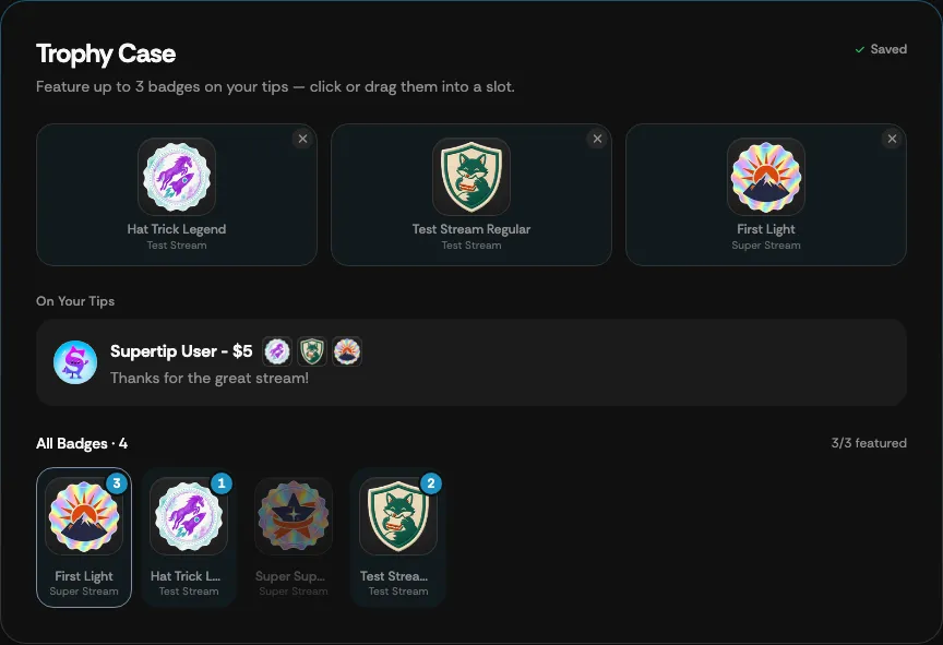 The Trophy Case card with three featured badge slots
