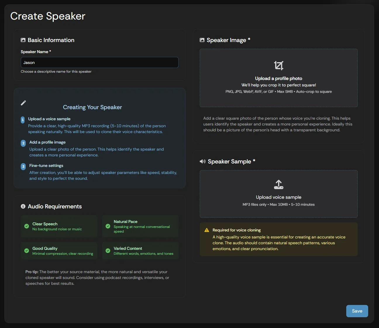 The Create Speaker form with the speaker name, photo, and voice sample fields