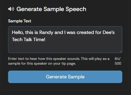 The Generate Sample Speech tool with the sample text box